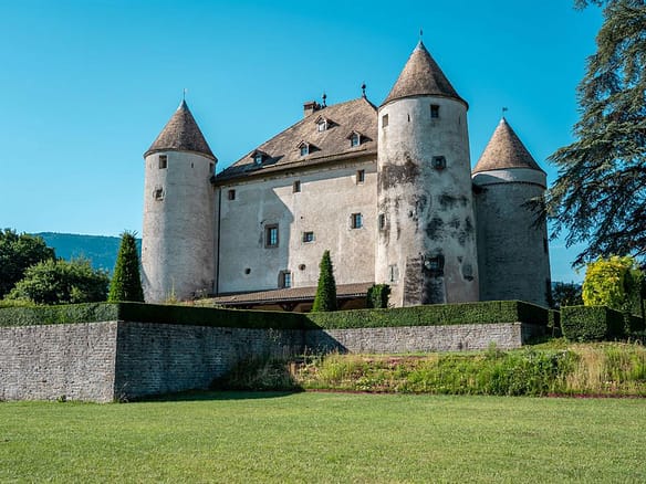 Image of a grand French château surrounded by manicured gardens, featuring elegant stone architecture and multiple turrets under a clear sky.