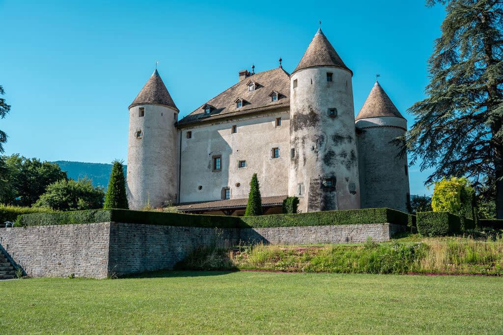 Image of a grand French château surrounded by manicured gardens, featuring elegant stone architecture and multiple turrets under a clear sky.